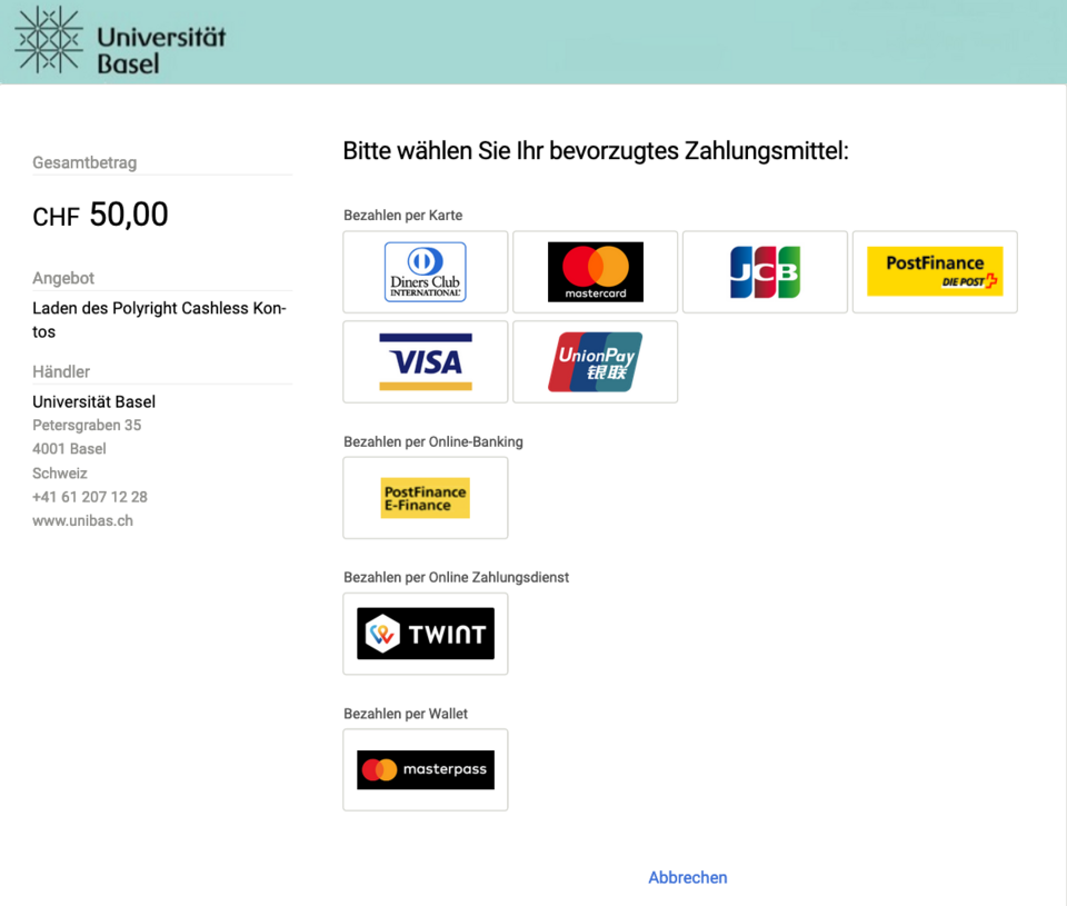 Aufladung UNIcard mit Kreditkarte Twint Online Banking