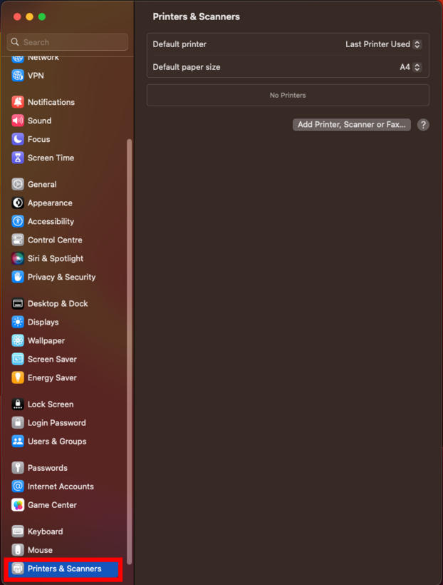 macOS settings window where the section printers & scanners is marked.