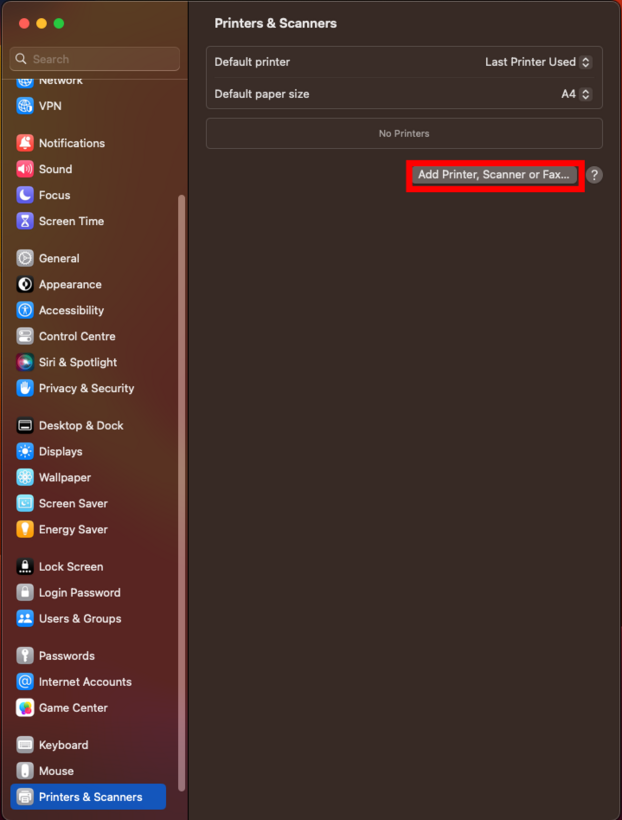 macOS settings window of the section printers & scanners where the button "Add Printer, Scanner or Fax..." is marked.