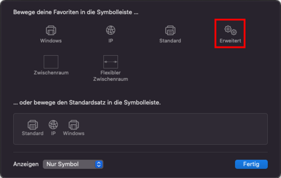 Die Optionen der Möglichkeiten die Toolbar anzupassen. Die Option "Erweitert" ist markiert.