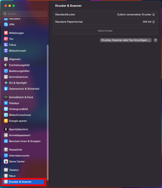 MacOS Einstellungen. Die Sektion "Drucker & Scanner" wurde angewählt.
