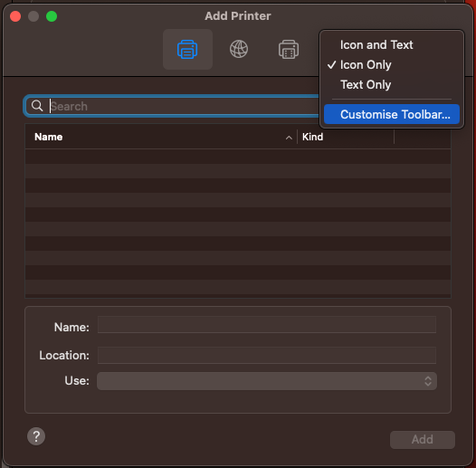 Open window with the title "Add Printer". The toolbar is selected via right click and the option "Customise Toolbar..." is marked.