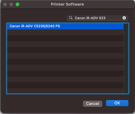Search window for Printer Software. Canon IR-ADV C5235/5240 PS is selected