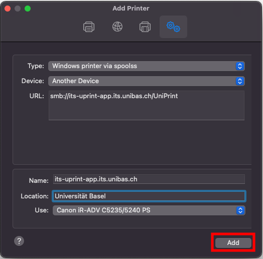"Add Printer" window with all the information put in. The "Add" button is marked